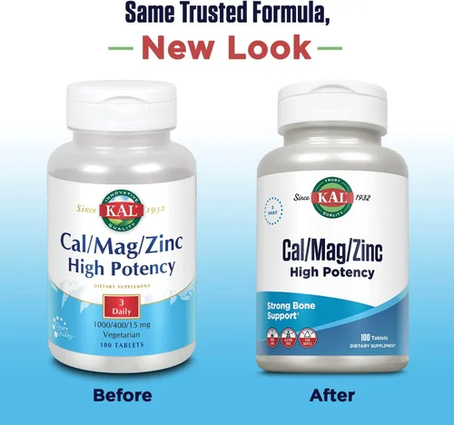 Vista 2 de KAL Cal/Mag/Zinc 1000 mg de calcio, 400 mg de magnesio y 15 mg de zinc Apoyo para huesos, músculos, corazón y sistema inmunológico 100