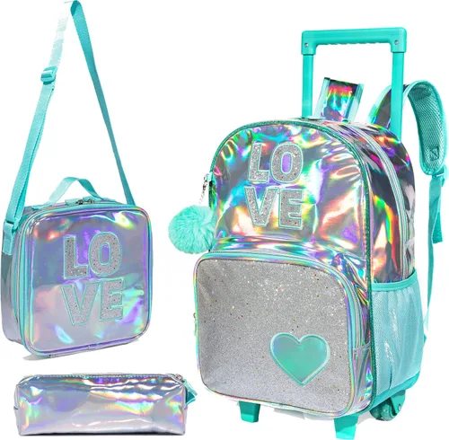 Vista 14 de Mochila con ruedas para niñas, mochila escolar con ruedas, bolsa escolar con bolsa de almuerzo y bolsa para lápices, mochila con ruedas para niños