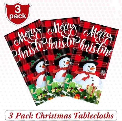 Vista 3 de Tiamon Paquete de 3 manteles de plástico para mesa de Navidad de 54 x 108 pulgadas para mesa rectangular, mantel desechable con diseño de muñeco