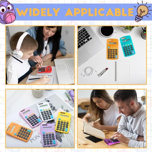 Vista 5 de Paquete de 12 mini calculadoras básicas de tamaño de bolsillo para estudiantes en ángulo de mano, pantalla de 8 dígitos, batería solar, calculadora