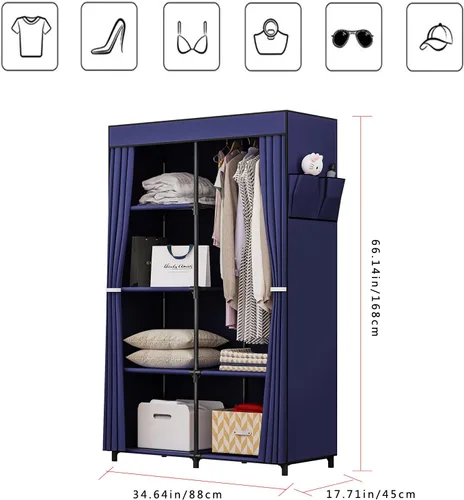 Vista 6 de Organizador portátil de ropa de armario de 36 pulgadas con estantes de metal y tela no tejida a prueba de polvo (azul)