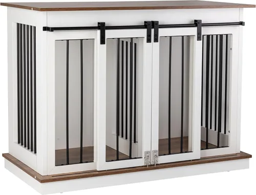 Vista 9 de Mueble de jaula para perros con divisor, mesa auxiliar de madera para perreras, casa de perro de raza grande para interiores para un perro grande