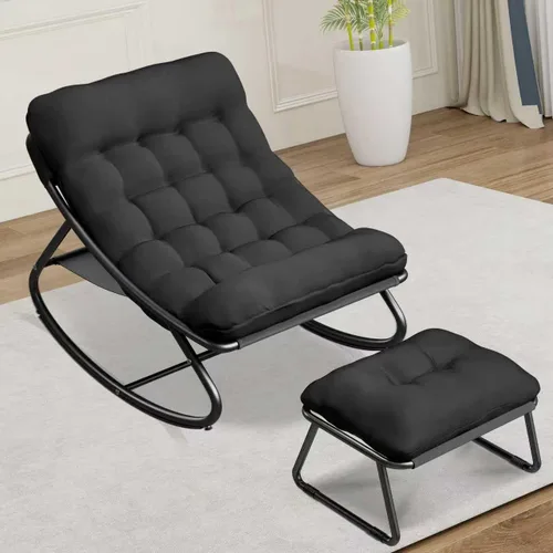 Vista 3 de Mecedora para interiores, cómoda silla de patio, mecedora con otomana y marco de metal resistente, sillas de balcón con cojín grueso, silla mecedora