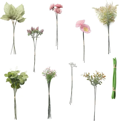 Vista 12 de Juego de tallos de follaje artificial, 59 piezas con 7 tipos de flores de follaje sintéticas para manualidades, ramos de novia, arreglos florales