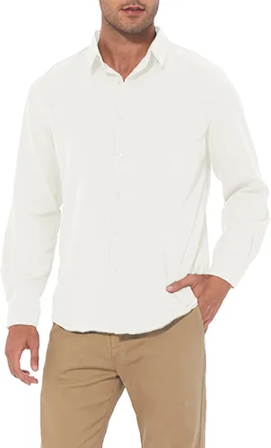 Vista 3 de Camisa casual de lino con botones para hombre manga larga ajuste regular camisa de playa con bolsillo