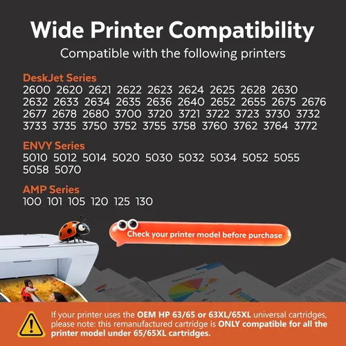 Vista 2 de COCCINK Cartucho de tinta negro 65XL para impresoras HP Envy 5000 5030 5055 5052 5058 DeskJet 2600 2622 2652 2655 2680 3700 3722 3755 impresora