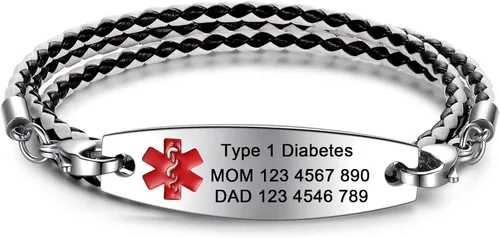 Vista 11 de JF.JEWELRY Pulseras de alerta médica personalizadas personalizadas para mujeres y hombres 3 capas de cuero trenzado negro pulseras médicas