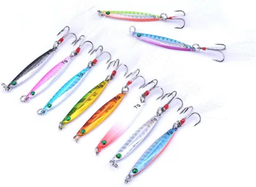 Vista 10 de Aorace 10 piezas de metal duro jigs buceo pesca mar señuelos minnow Popper cebos aparejos Crankbait agua salada señuelos de agua dulce con pluma