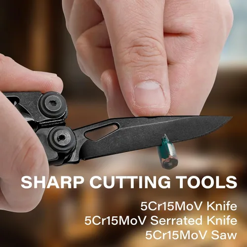 Vista 4 de Tijeras y alicates multiherramienta 21 en 1 con cortadores de tungsteno, autobloqueo Kit EDC duradero y resistente para camping, reparación, Negro