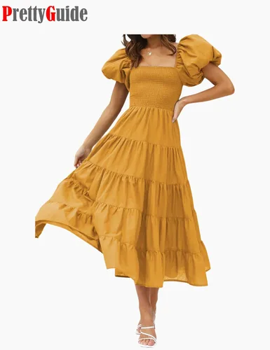 Vista 3 de PrettyGuide Vestido midi de verano para mujer, con hombros descubiertos, manga corta, abombada, cintura alta, casual, fruncido, con volantes