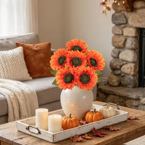 Vista 5 de Girasoles artificiales de seda grandes de color naranja, flores de otoño artificiales de tallo largo de 26 pulgadas, 6 piezas de girasoles falsos
