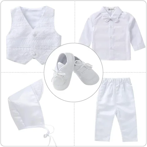 Vista 4 de Booulfi Trajes de bautizo para bautizo, ropa para niños, 5 piezas, trajes blancos
