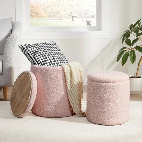 Vista 20 de Royal Windsor Boucle - Juego de 2 otomanas redondas con almacenamiento, taburete pequeño para sala de estar, mesa de centro pequeña, taburete