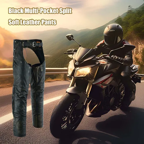 Vista 6 de GARGOYLE BELLS Chaparreras de cuero para motocicleta premium para hombres y mujeres, chaparreras de cuero de vaquero con cremallera auténtica