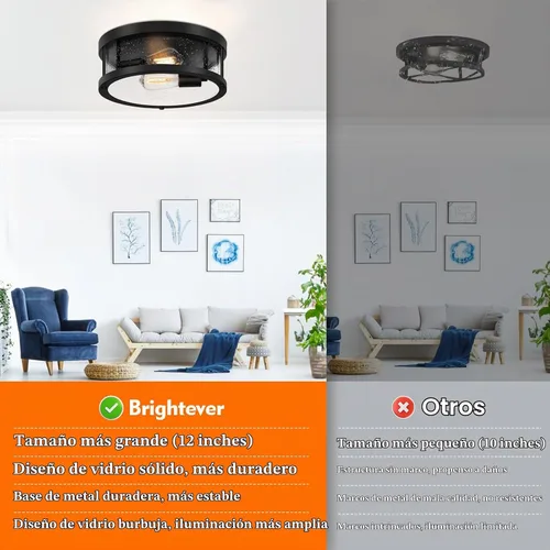 Vista 2 de Lámpara de techo negra de montaje al ras, lámpara de estilo rústico con pantalla de cristal granulado, iluminación industrial de 2 luces cerca