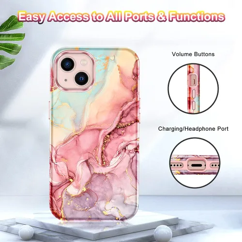 Vista 9 de CASEFIV Compatible con funda para iPhone 13, patrón de mármol 3 en 1, resistente a golpes y caídas, cuerpo completo, policarbonato duro y silicona