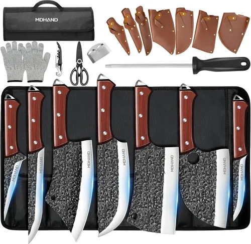 Vista 11 de MDHAND - Juego de cuchillos de carnicero, 14 cuchillos de carnicero forjados a mano con bolsa de rollo, cuchillo de carne resistente, cuchillos