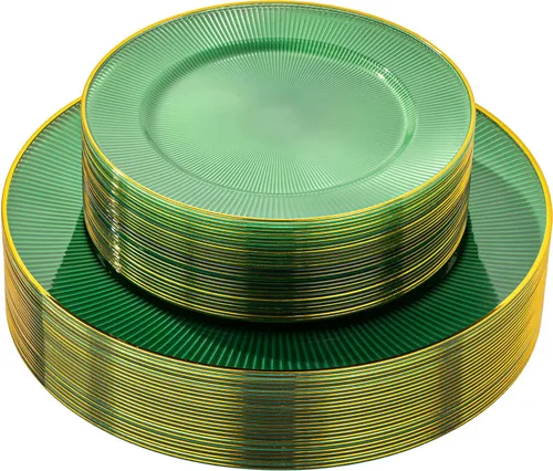 Vista 19 de Hioasis 60 piezas de platos de plástico negro - Juego de vajilla desechable con borde dorado, martillado, resistente, adecuado para 30 invitados
