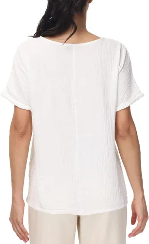 Vista 4 de Soojun - Blusa de algodón y lino para mujer, cuello redondo, diseño entramado
