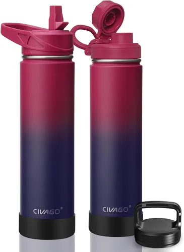 Vista 30 de CIVAGO Botella de agua aislada de 22 onzas con pajita, frasco de agua deportiva de acero inoxidable con 3 tapas
