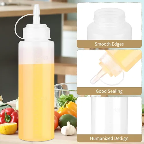 Vista 3 de Xinnun 24 botellas de plástico para exprimir condimentos, a prueba de fugas, botellas multiusos con tapa superior giratoria para salsas, ketchup