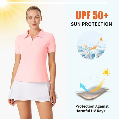 Vista 5 de Camisa de golf rosa para mujer, con cuello seco, color negro, UPF 50, talla XL, Rosado