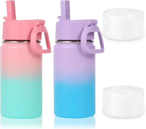 Vista 23 de Volhoply Botella de agua de acero inoxidable aislada de 14 onzas con tapa de pajita y funda de silicona, sin BPA, fácil de usar para niños y niñas