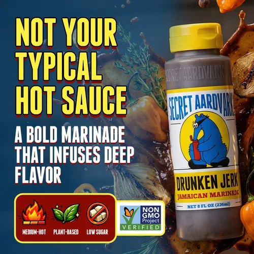 Vista 3 de Secret Aardvark Drunken Jerk Marinade, Habanero, sin OMG, bajo en carbohidratos, 8 onzas líquidas Condimento Jerk Pimientos Habaneros Salsa BBQ