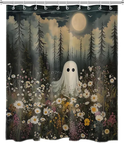Vista 2 de LB Cortina de ducha espeluznante de Halloween, lindo fantasma en flores, árbol negro, luna llena, cortinas de ducha para baño, tela de poliéster