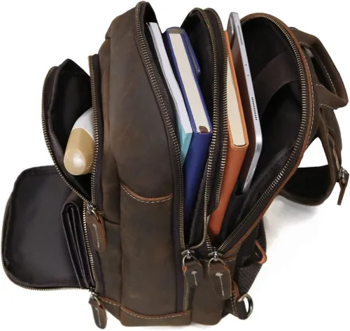 Vista 5 de Hespary Mochila vintage de cuero de grano completo para hombre, bolsa de viaje para hombresenderismo, Marrón, Bolso bandolera para iPad de 12.9