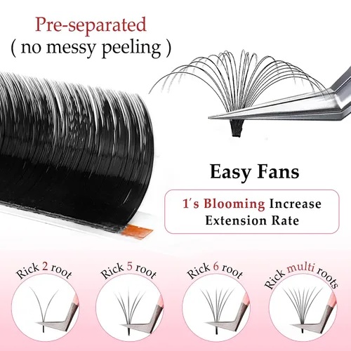 Vista 2 de CoMango Easy Fan - Extensiones de pestañas rizadas C/D de 0.05/0.003 in, pestañas de volumen que florecen automáticamente, color negro mate 2D-20D