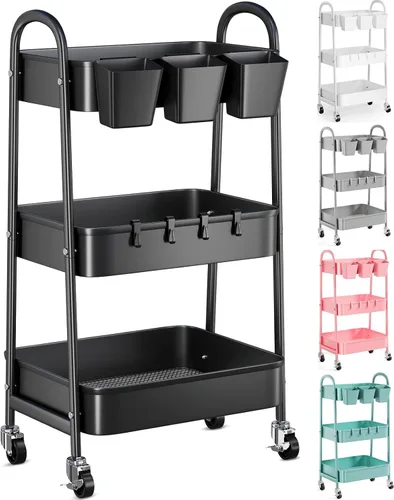 Vista 18 de Carrito rodante de 3 niveles de metal gris, carrito de almacenamiento de malla con asa y ruedas con cerradura, carritos organizadores