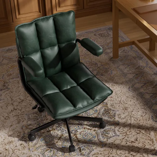 Vista 9 de Ollega Mid Century Modern Desk Chair, Vintage Leather Office Chair, Green Petite Computer Chair for Small to Medium Women, Thickened Back, Cozy