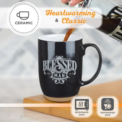 Vista 4 de Taza de café Christian Art Gifts: Hombre Bendito - Jeremías 17:7 Escritura inspiradora, 15 oz, Negro
