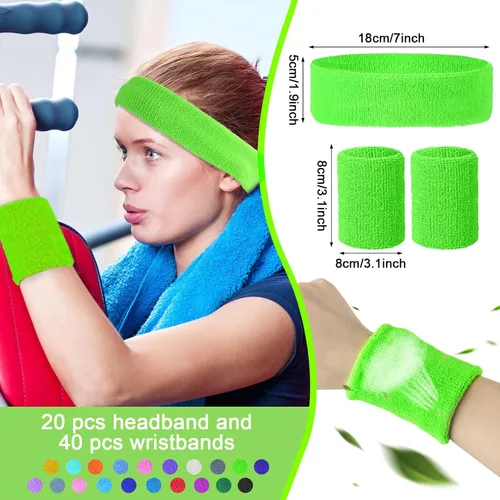 Vista 2 de El juego de 60 bandas para el sudor incluye 20 diademas deportivas y 40 muñequeras, pulseras de tela de rizo coloridas para entrenamiento, tenis