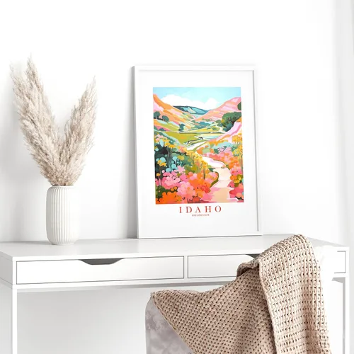 Vista 8 de ColorAndFlair Idaho Travel Print Gem State Souvenir ID Nature Pink Orange Teal Wall Art Mountains Landscape Retro Poster (8x10 inches)