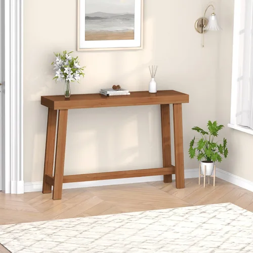 Vista 10 de Mesa de consola de madera de bambú 47.2" Mesa de entrada, mesa de sofá estrecha de granja de 2 niveles con estante de almacenamiento, mesa de sofá