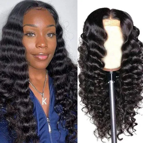 Vista 8 de Pelucas sueltas de cabello humano ondulado profundo con encaje frontal, prearrancado, pelucas de encaje frontal de 13 x 4 para mujeres negras