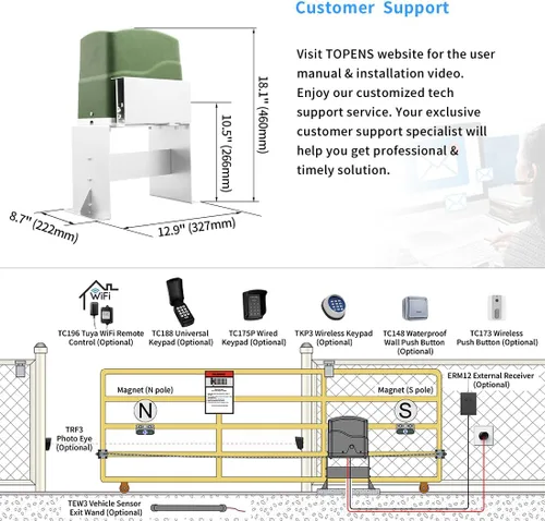 Vista 5 de TOPENS CK700 - Abridor automático de puerta corredera con transmisión por cadena, motor de puerta eléctrica para puertas correderas pesadas de hasta