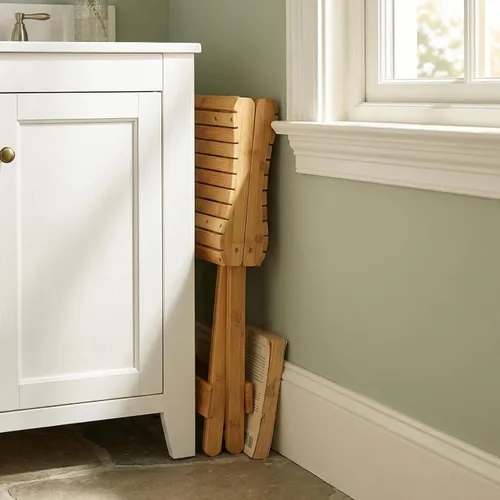 Vista 9 de Lawei Taburete plegable de bambú – Taburete de ducha de bambú de 12 pulgadas de altura, sillas de asiento de spa para ducha, afeitado de piernas