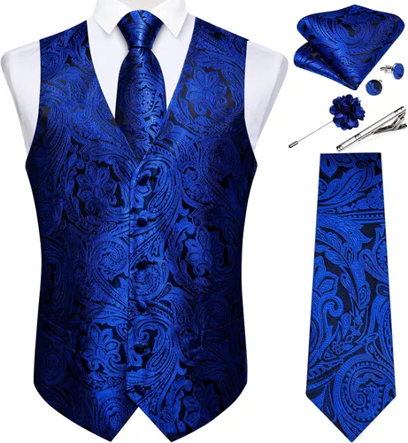 Vista 24 de DiBanGu Juego de chaleco y corbata para hombre, chaleco formal de cachemira y corbata con bolsillo cuadrado y gemelos, de seda, para traje o Verde