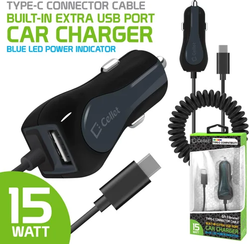 Vista 8 de Cellet Cargador de coche de doble puerto USB de 15 vatios de carga rápida con cable tipo C de 4 pies de alta potencia de 3 amperios compatible