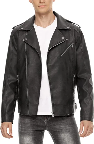 Vista 10 de Fahsyee - Chaquetas de cuero para hombre, chaqueta bomber de piel sintética con solapa de motociclista, cierre asimétrico de cremallera, cinturón
