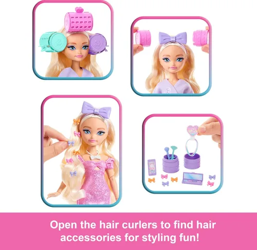 Vista 3 de Muñeca de moda Barbie Dream GET Ready Malibu con cabello estilizado, incluye accesorios sorpresa para el cabello y más de 15 looks