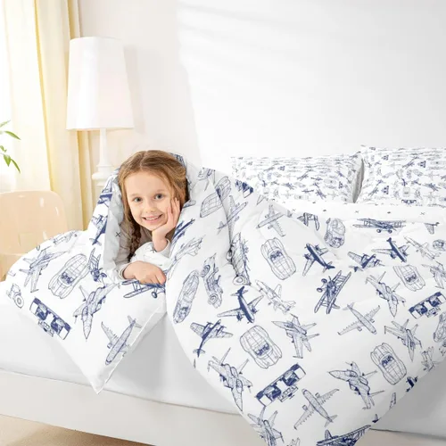 Vista 7 de Feelyou Juego de ropa de cama con estampado de aviones para niños y niñas, juego de funda de edredón de microfibra estilo boceto azul y blanco