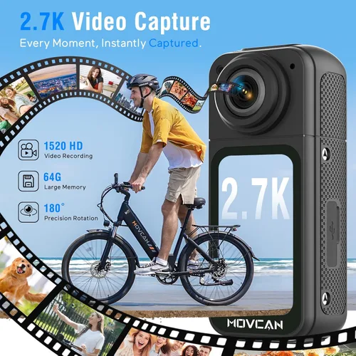 Vista 6 de Movcan Cámara corporal S70 con grabación de audio y video, cámara corporal HD 1520P con lente giratoria de 180°, cámara de grabación manos libres