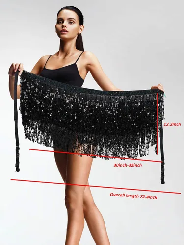 Vista 4 de 2 piezas lentejuelas borla falda vientre danza cadera bufanda rendimiento lentejuelas falda cinturones cuerpo accesorios para mujeres niñas