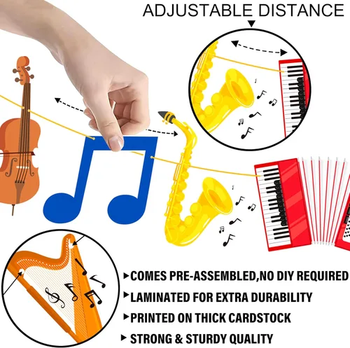 Vista 4 de Cartel de fiesta de cumpleaños con purpurina negra para instrumentos musicales, guirnalda de instrumentos musicales para tema de músico, suministros