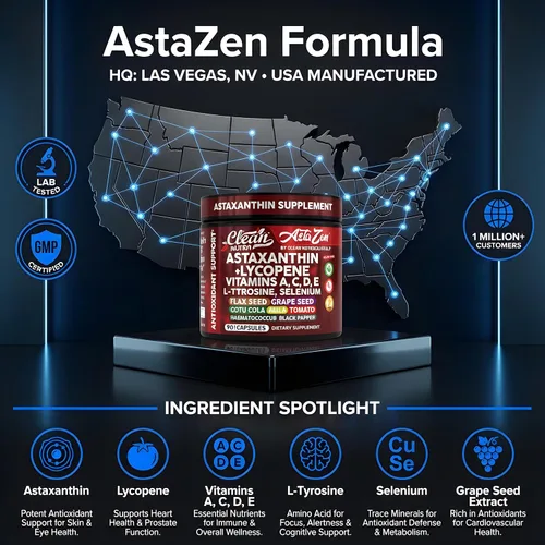 Vista 5 de Clean Nutra Astaxantina Suplemento de licopeno de 12 mg con vitamina A C D3 E, L-tirosina, selenio, lino, semilla de uva, gotu kola, amla, pimienta