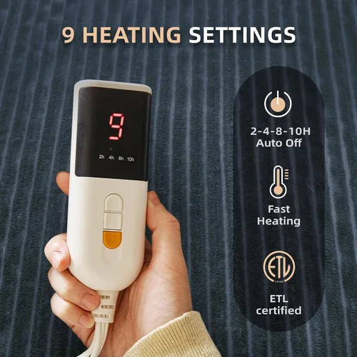 Vista 2 de JET'S HOME Manta térmica de 50 x 60 pulgadas, manta eléctrica de franela con certificación ETL, lavable a máquina, con 9 niveles de calefacción, 10